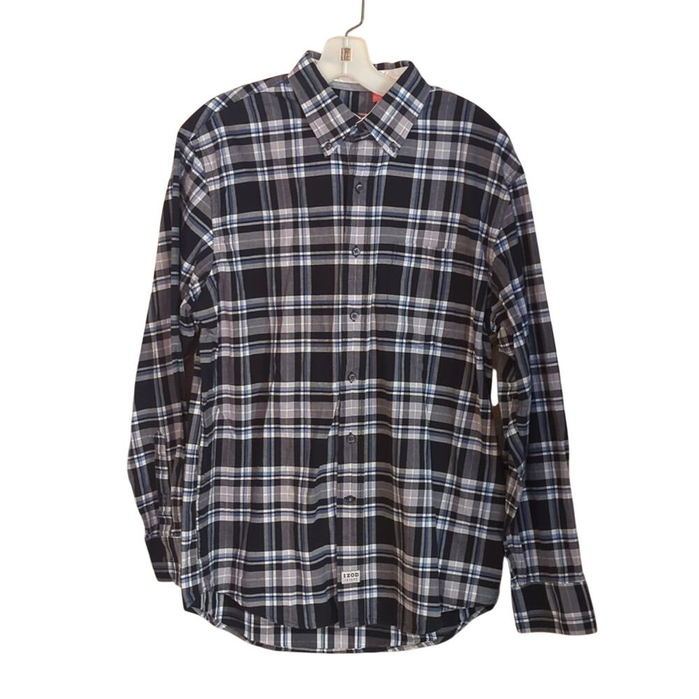 Izod Black Plaid 100% Cotton Casual Button Down Shirt Men's Size M